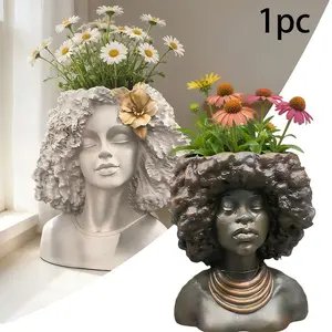 Head Planter Face Flower Pot, Closed Eyes Modern Female Head Planter, Resin Flower Pot with Drainage, Indoor Outdoor Spring Plant Home Decor, Boho Home Decor Sculptural Planter, Garden Planter, Decorative Garden Planter