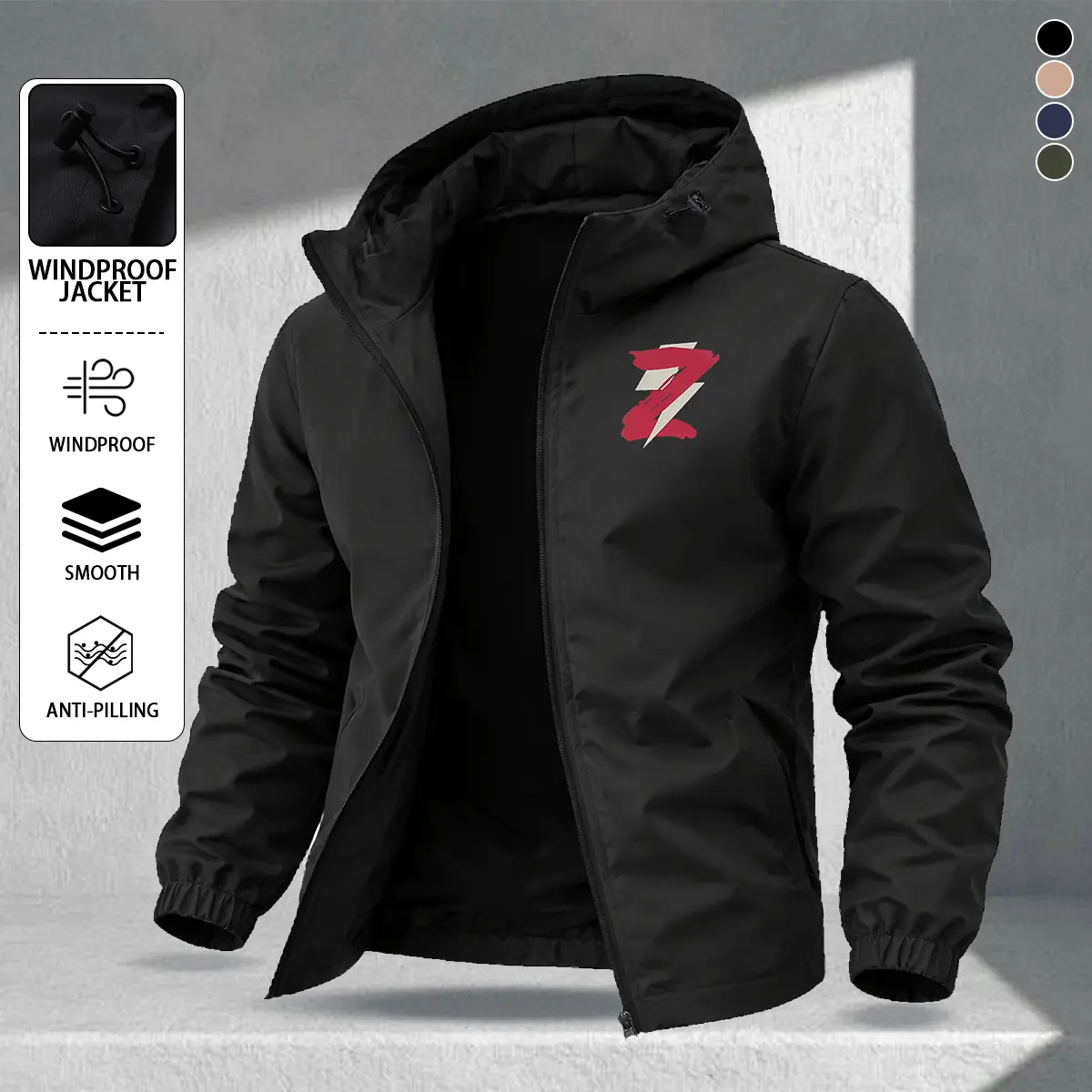 Men's fashion Z-print hooded windproof jacket, light and wear-resistant fabric, zipper pocket, street function wind, daily going out on the street, commuting adaptation, fashion trend versatile jacket, the perfect choice for spring and summer wear