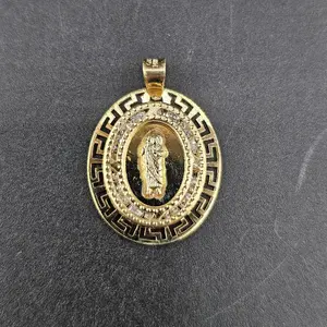 Gold 14k Virgin Mary Design Pendant for Everyday Wear with Greek Key Border and Diamond Accents