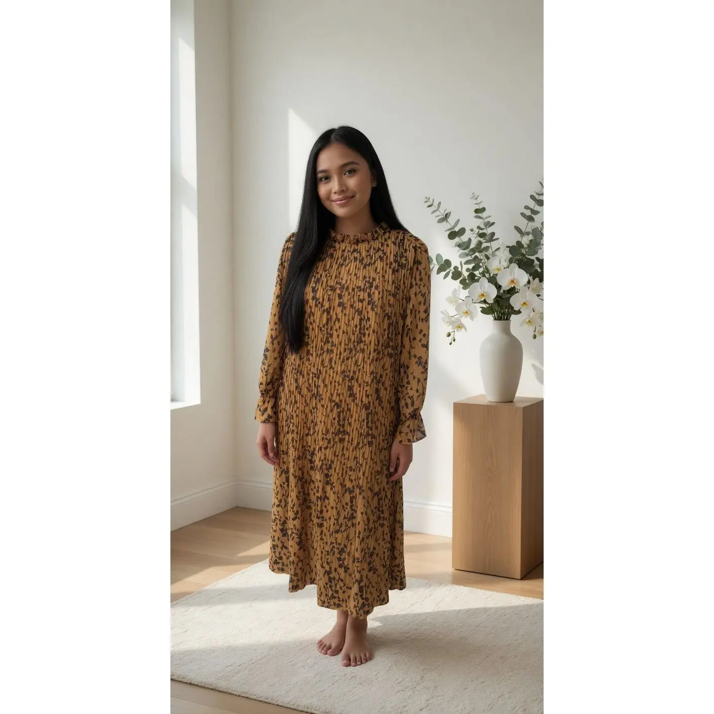 Mustard Yellow Pleated Botanical Shift Dress