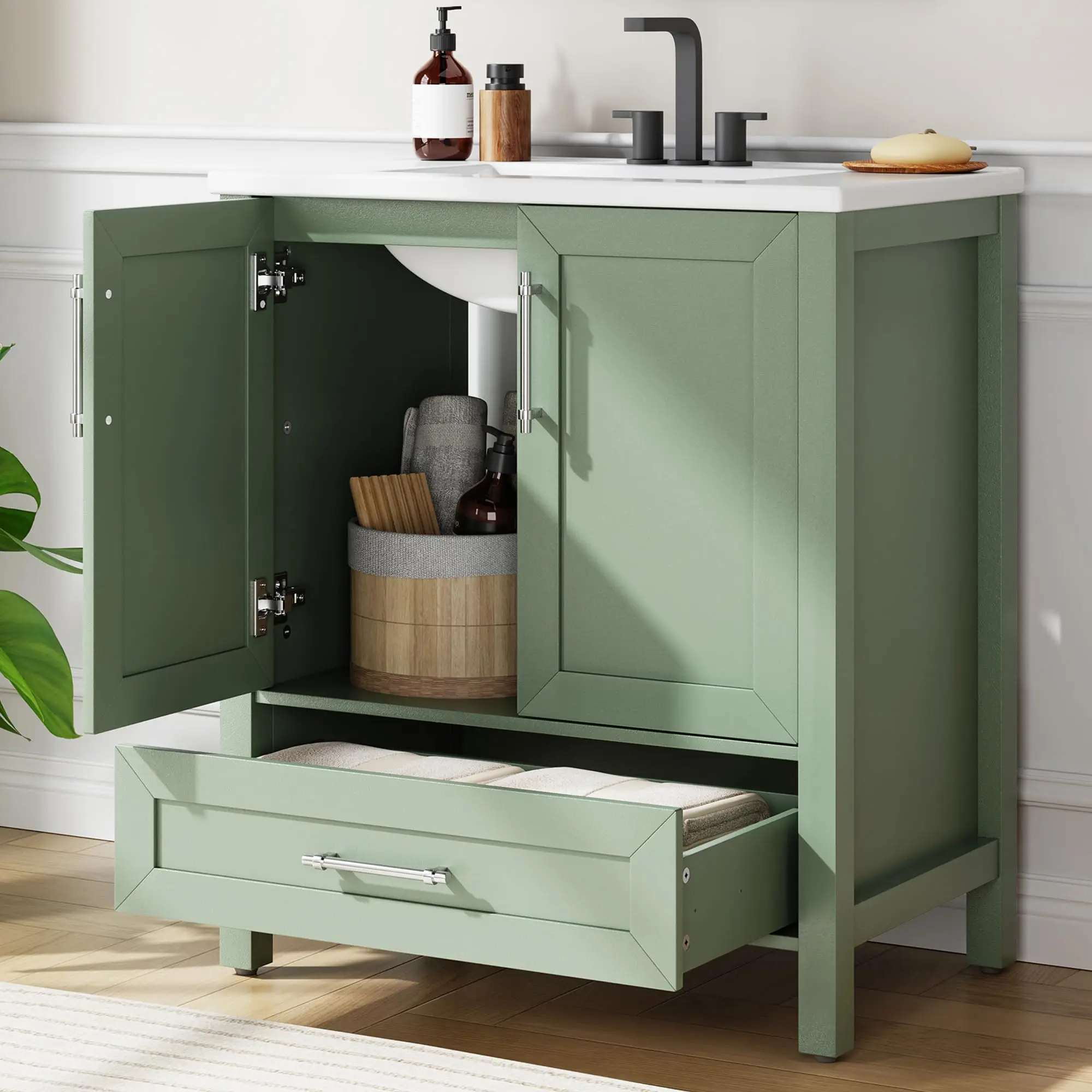 Modern Bathroom Vanity Set with Ceramic basin – Freestanding Cabinet with Drawer & Soft-Close Doors – Single basin, Easy Assembly, Space-Saving Storage – Natural Wood Finish, 30 Inches