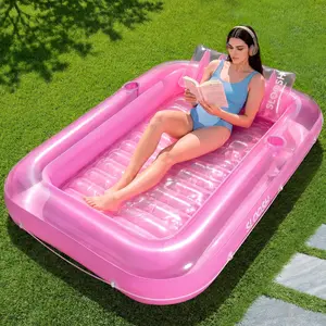 Inflatable Tanning Pool Lounger Float, 70" x 46" Pool Floats Adult with Pillow, 4 in 1 Suntan Tub Raft Floatie, Sunbathing Bed Lounge for Water, Blow Up Kids Ball Pit Party Gifts, L-Pink