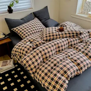3pcs/4pcs Vintage Cotton Plaid Bedding Set, Student Dormitory Three-Piece Set, Home Essentials, Suitable for All Seasons, Cover, Duvet