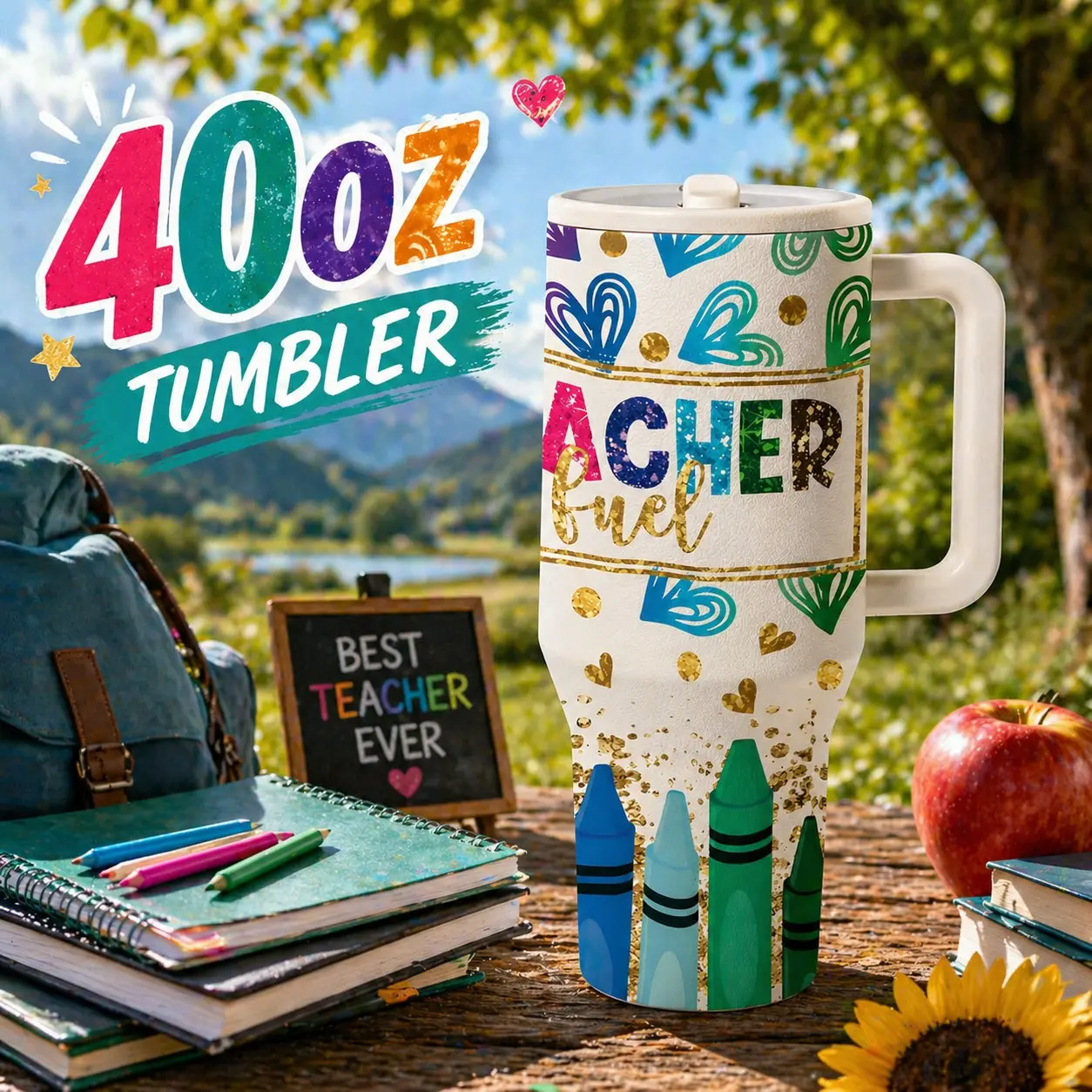 1 Pc 40oz Teacher Appreciation Thermal Mug, Insulated Drink Cup, Leakproof Insulated Tumbler, Keeps Hot 12h Cold 24h, Leak Proof Lid, Large Capacity Travel Mug with Handle, Crayon Heart Design Gift for Teachers, Back to School, Holiday Gift Tumbler