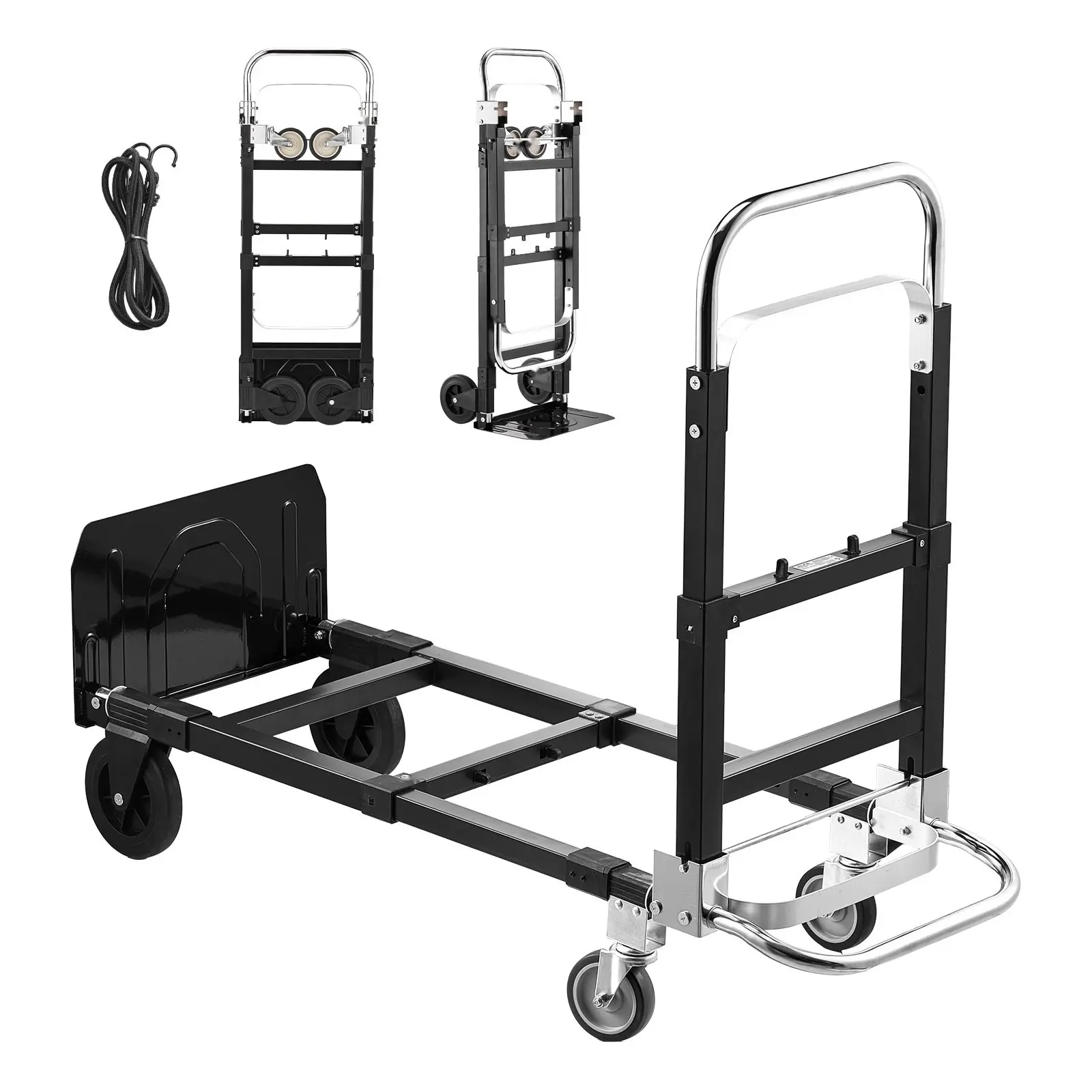2-In-1 Folding Hand Truck And Dolly, 500 Lb Load Capacity In 4-Wheel Mode, Convertible Hand Truck With Wheels And Adjustable Handle, Portable Trolley For Moving Home, Office, Warehouse, Storage And Industrial Use