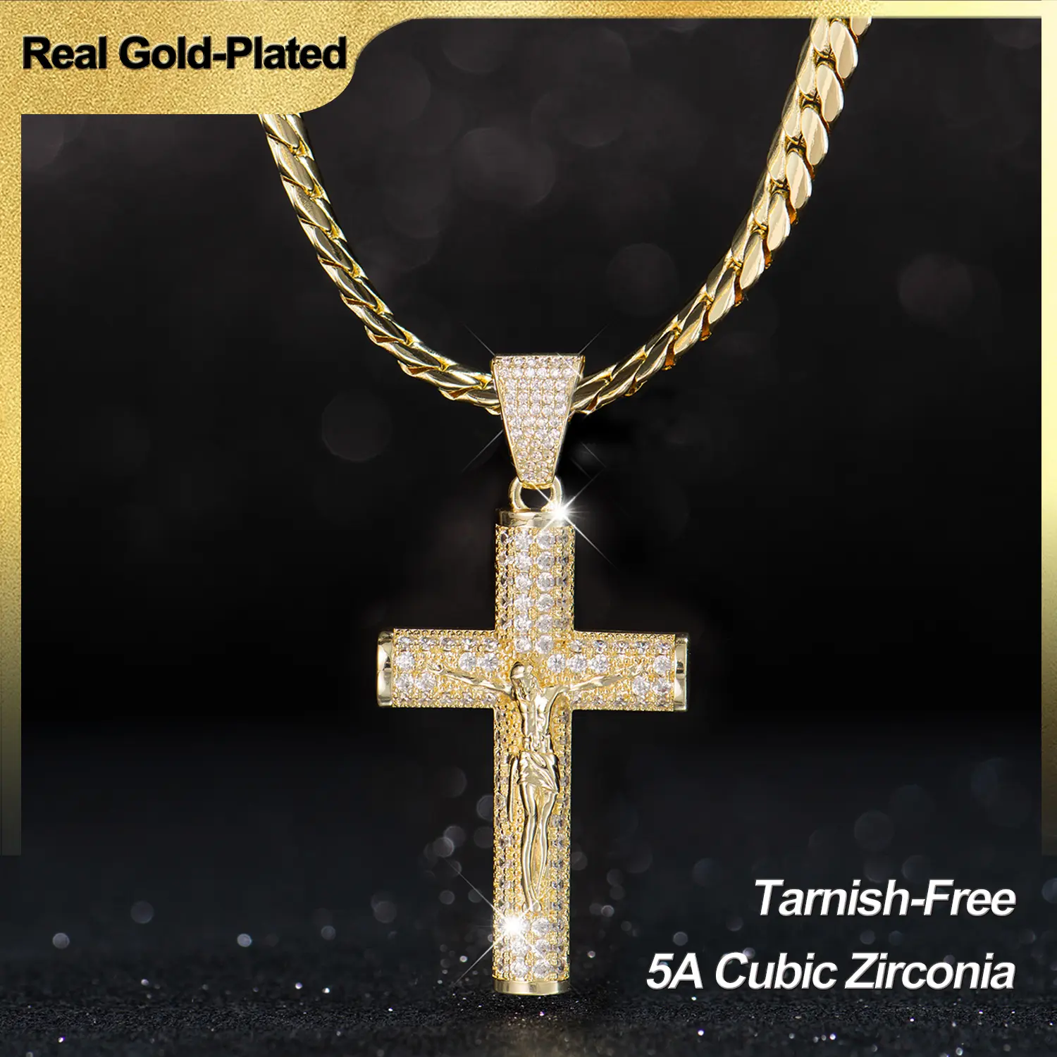 Holylegend 14K Gold-Plated Miami,Cuban & Figaro Chain with Cross,24 inches Long and 6mm Wide,High Quality,Gold Plated Necklace,Father's Day Gift