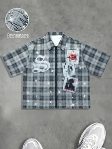 Men's Rhinestone cut zipper shirt, Casual checkered shirt, Y2K shiny silk screen printed coarse fabric shirt, loose streetwear, suitable for cutting hemlines, ideal choice for streetwear, parties, and casual wear, suitable for fashion enthusiasts