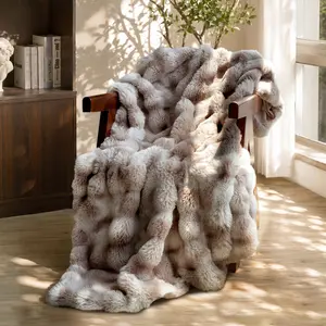 Faux Rabbit Fur Throw Blanket, Ultra Soft Fluffy Warm Decorative Blanket for Couch Sofa Bed, All-Season Cozy Blanket, Light Taupe