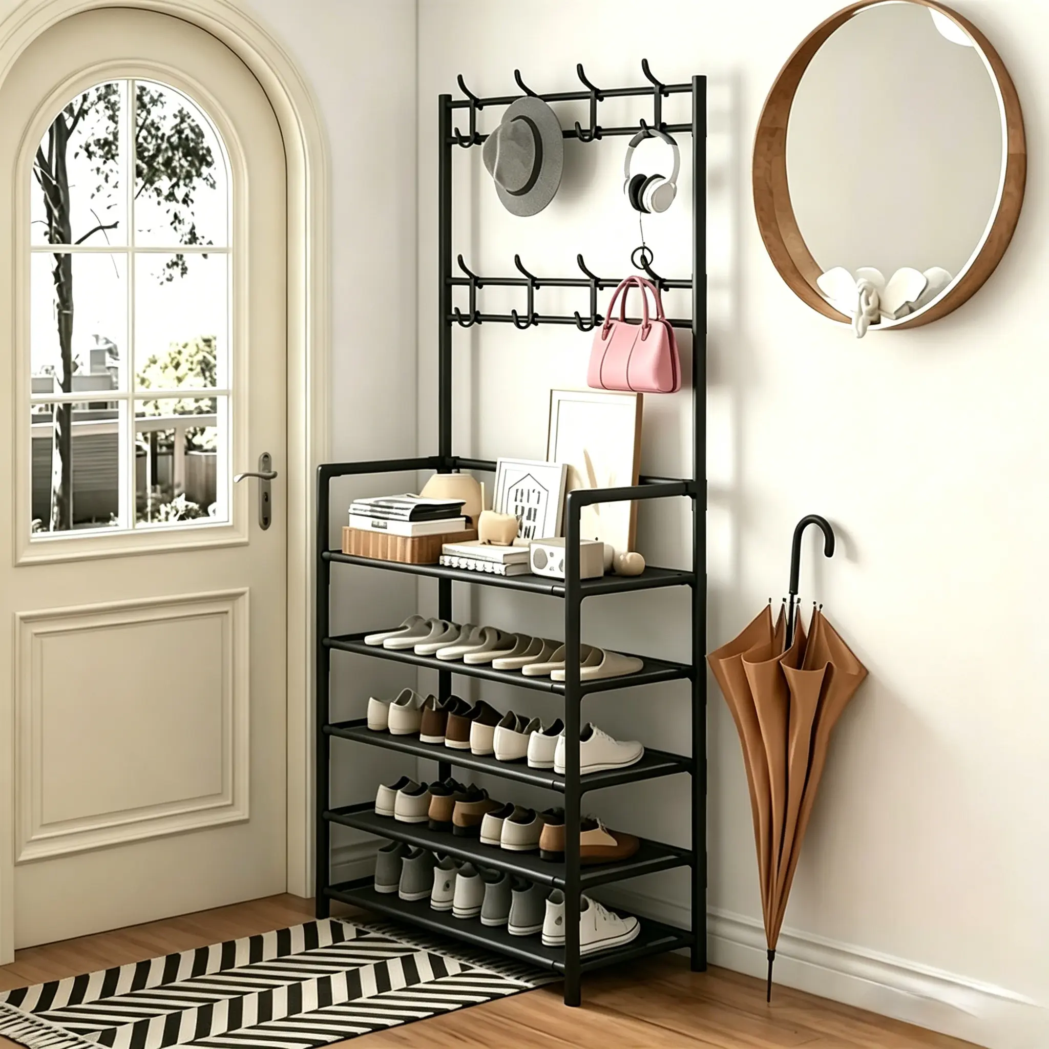 Metal Rectangle Entryway Rack - Adjustable Standing Shelf, Configurable Floor-Standing/Hanging Shoe Rack Organizer, Hangable Bench with Hooks, Adjustable Hat Display for Clothes, Jackets, Bags, Umbrellas, Home Accessories