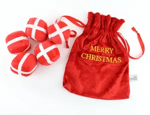 Midlee Santa’s Gift Bag Dog Toy Set – 5 Squeaky Plush Toys in Red Velvet Christmas Bag for Small to Medium Dogs 2.5” Interactive Holiday Play