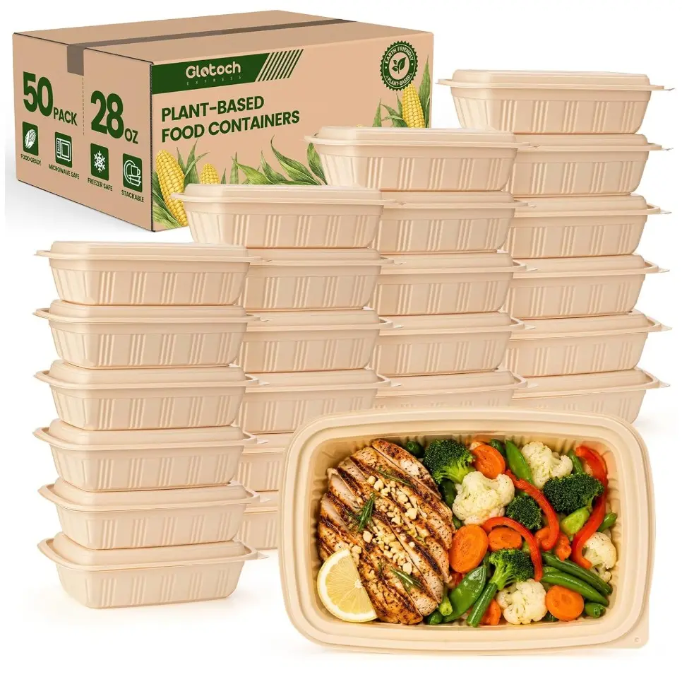 100 Piece (50 Pack) Meal Prep Containers with Lids, 28 oz Cornstarch Food Storage Containers Plant-based Lunch Box for Salad, BPA Free Plastic Take Out Containers Microwave and Freezer Safe