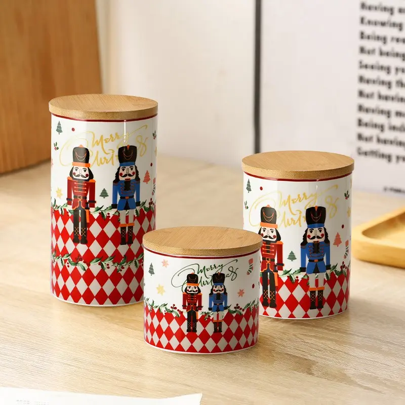 Ceramic Food Storage Jar,  Christmas Candy Jar with Nutcracker Pattern, Food Containers with Airtight Seal Bamboo Lid, Kitchen Canisters for Coffee, Tea, Sugar, Salt, Spice, Seasoning, Snacks, Nut, Xmas Gifts Stocking Stuffer
