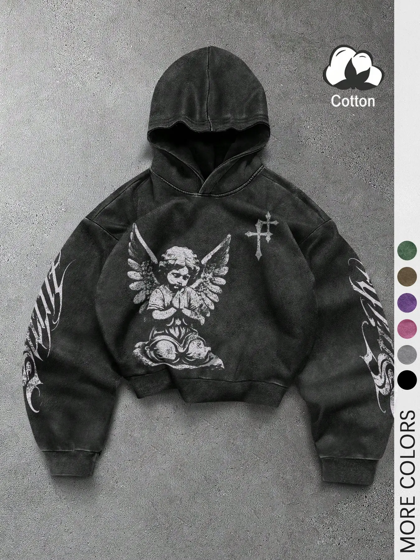 1 Piece Unisex Black Loose Oversized Long Sleeves Gothic Angel Hoodie Sweatshirts, Vintage Streetwear with Praying Wings Print on Cotton, For Dark Academia Fashion And Casual Wear