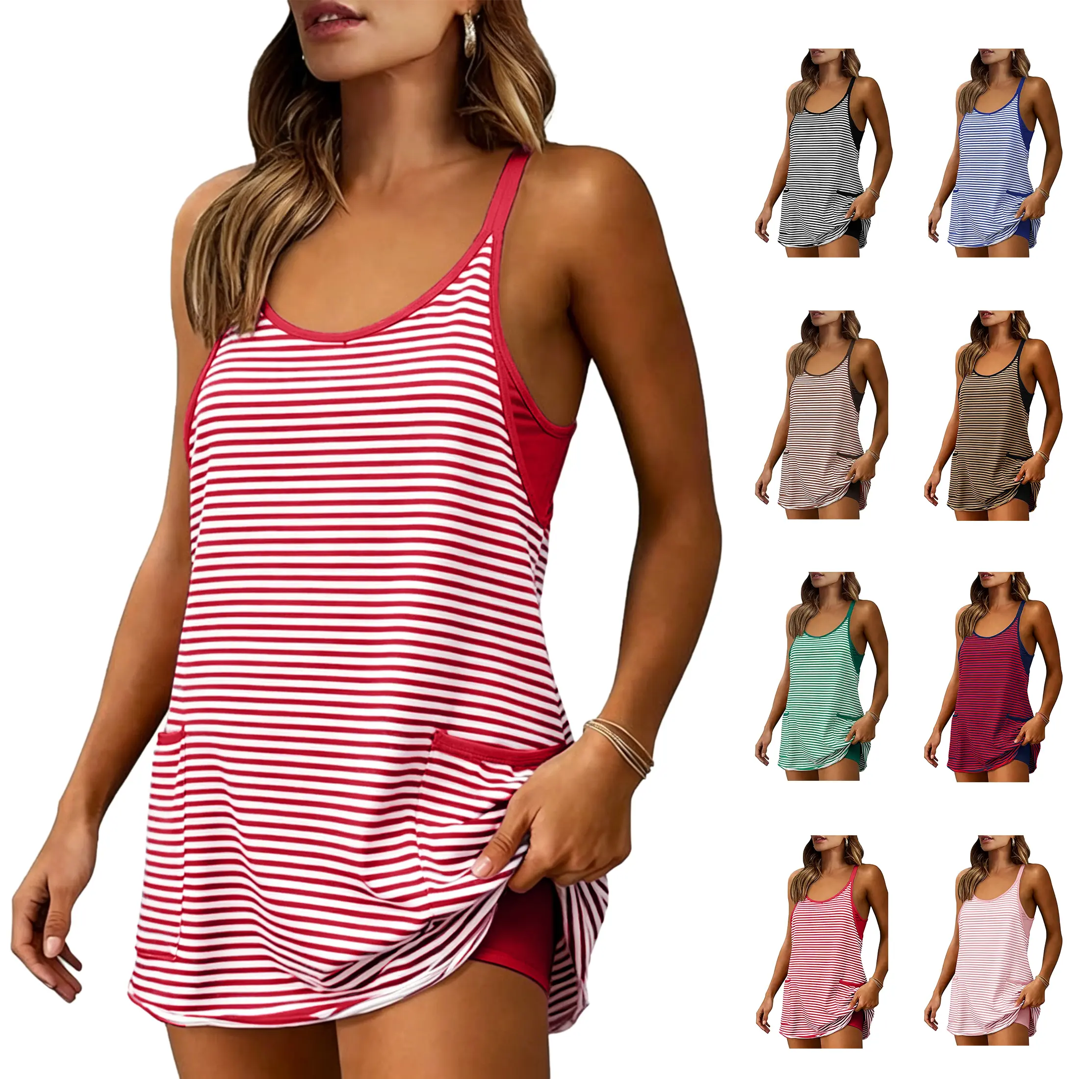 MUNDOVEN Women's Summer Athletic Mini Dress Sleeveless V Neck Built-in Shorts Striped Tennis Workout Vacation Spaghetti Spaghetti summerwins