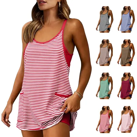 Mundoven Women's Striped V Neck Tennis Romper Dress, Sleeveless Athletic Sundress with Built-in Shorts and Pockets, Active Wear Dress, Running, Above Knee, Pocket Convenience, Better Coverage