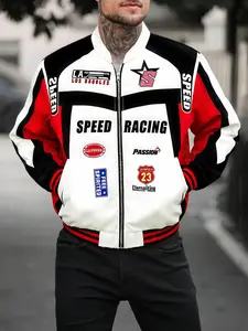 Men's Vintage Racing Jacket with Speed Racing Slogan & 23 Patch, Baseball Coat, Street Style for Cold Weather