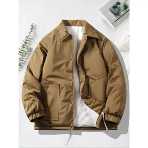 Men's Solid Patched Pocket Button Front Thermal Lined Jacket, Loose Casual Long Sleeve Drawstring Collared Outerwear for Fall & Winter, Men's Clothes for Daily Wear