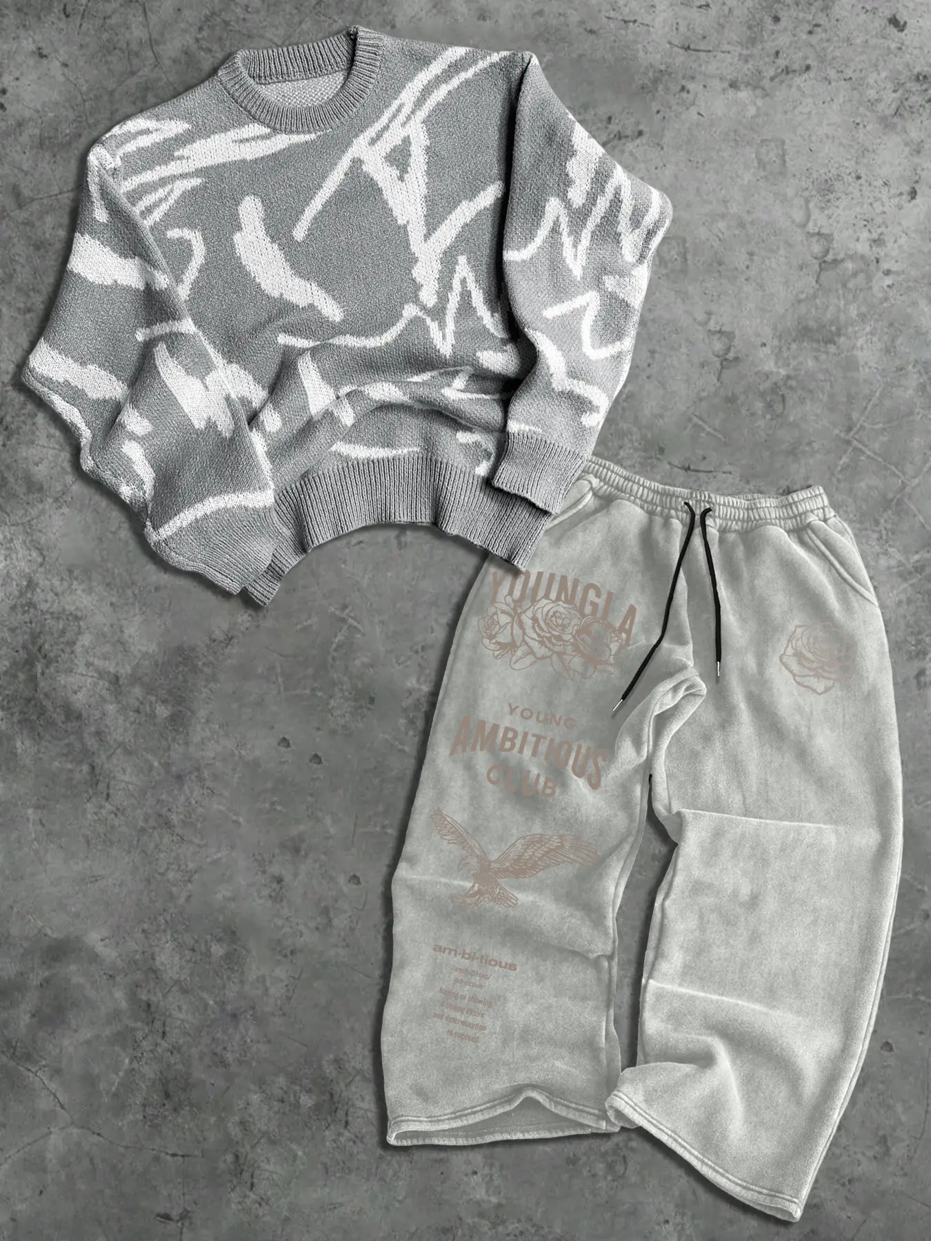 Men's Trendy Set Graffiti Knit Sweater + Young Ambitious Print Sweatpants, Soft Knit, Skin-Friendly Fabric, Street Style