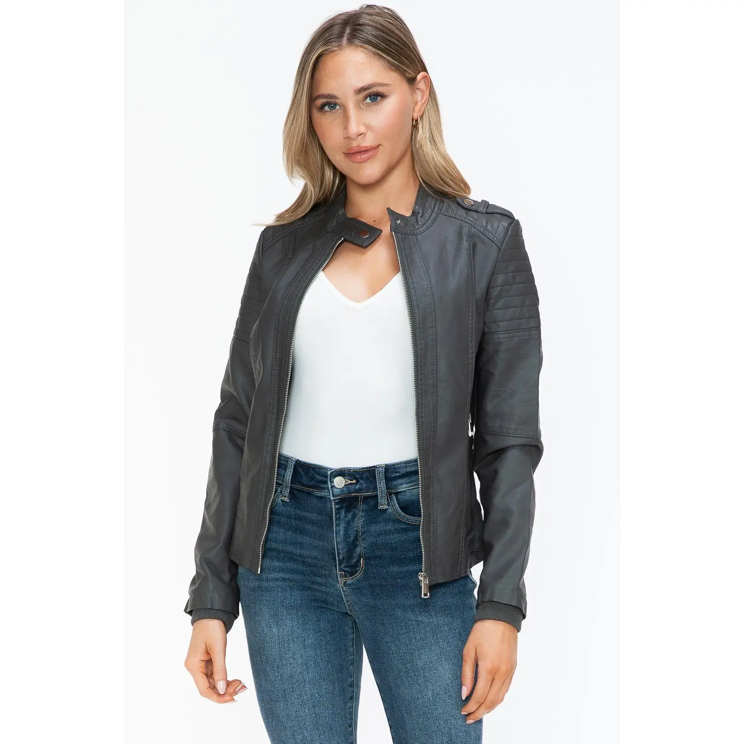 Snobbish PU Leather Biker Jacket with Side Zip Pockets
