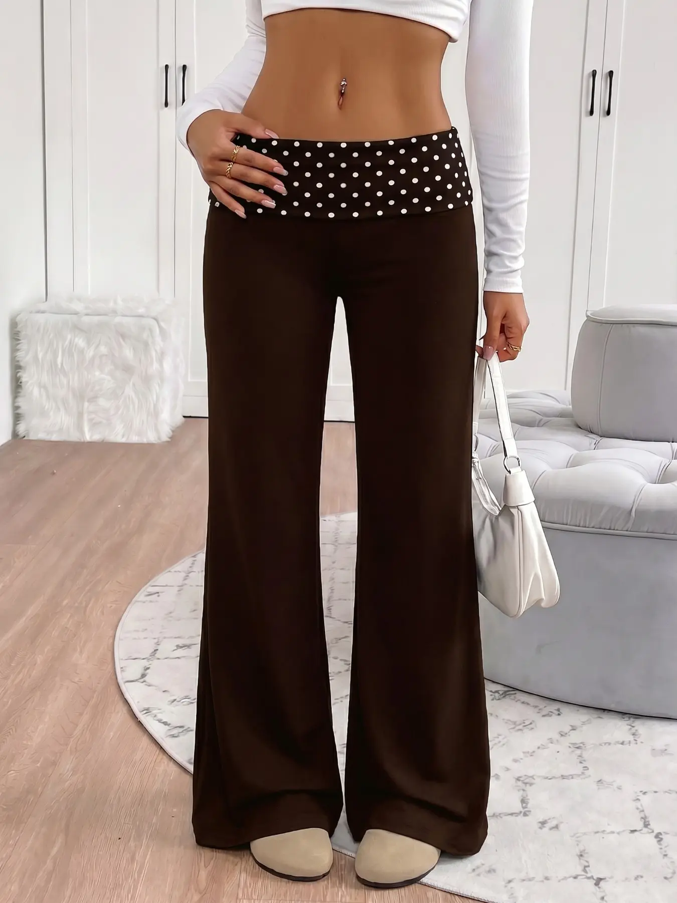 Women's Polka Dot Fold-Over Waist Flare Pants Bell Bottom Trousers 2026 Slim Fit Casual Streetwear Summer Daily Trendy Going Out Stylish Viral TikTok Fashion Essential Bottoms Womenswear Style
