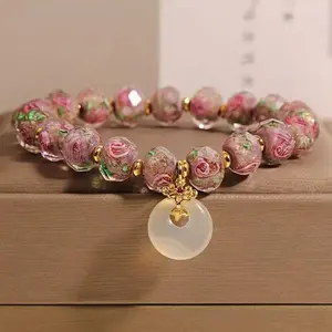Luxury Handcrafted Glass Bead Bracelet for Women – Peace Knot & Rose Flower Design, Stylish Accessory for Casual & Formal Wear