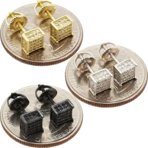 925 Sterling Silver 14k Gold Vermeil Black Rhodium AAA Cubic Zirconia 6mm Square Screw Back Stud Earrings