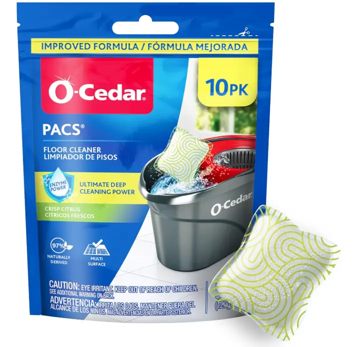 O-Cedar PACS Floor Cleaner, Crisp Citrus Scent – 10 Count | Enzyme-Powered Pods for Streak-Free Cleaning on Wood, Tile & Laminate Floors