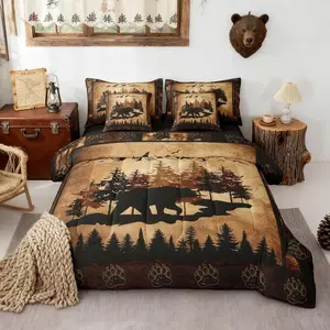 Lodge Cabin Comforter Set,Wild Bear Pine Trees Cartoon Mountain Bedding Set,for Kids Teens Adults Bed in a Bag with Comforter,Flat & Fitted Sheet,Pillowcases,Throw Pillow Covers 7 Pcs