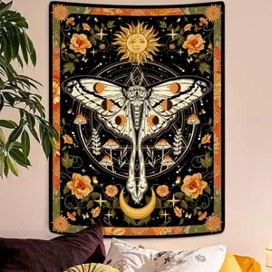Orange Moth Tapestry Boho Retro Floral Flowers Tapestries Aesthetic Vintage Mushroom Tapestry Bedroom Indie Small Tapestry Wall Hanging For Living Room Dorm