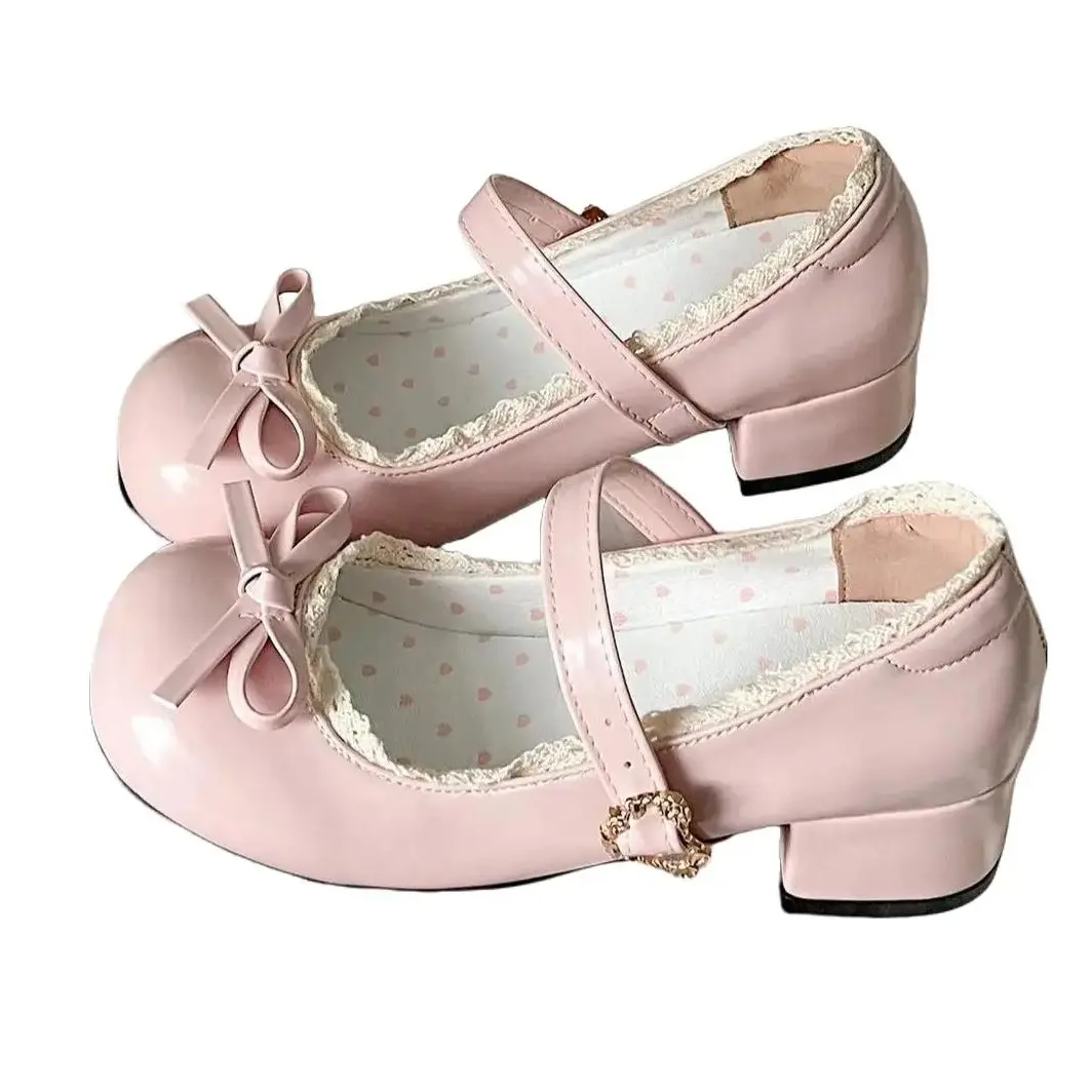 Women's Casual Lolita Mary Jane Shoes, Cute Low-Block Heels with an Adjustable Buckle Strap, Lace Trim, and Bow Accent, Shoe, Mary Janes Shoes