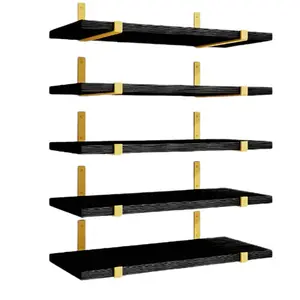Floating Black Gold Shelves Set of 5, Width 4.7 Inches Wall Shelves, Rustic Wood Wall Storage Shelves for Decor Metal Plastic Wooden Farmhouse