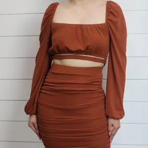Brick Skirt Set-Back Tie Top and Ruched Midi Skirt Set Brown
