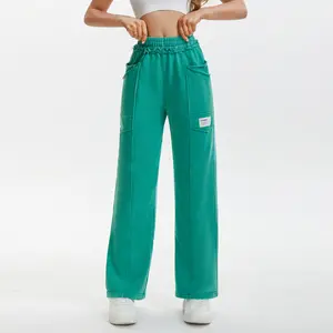 APUYO Women's High-Waisted Wide-Leg Pure Cotton Sweatpants - Teal Distressed-Hem Cargo Trousers, Breathable Soft Trousers for Casual Athletic Jogging, Tapered Lounge & Workout Use, Soft Jogger Trousers
