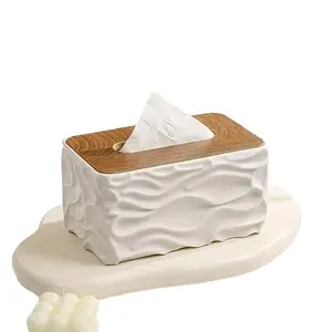 Nordic Style Paper Towel Holder, Tissue Holder, Wave Design with Wood Grain Lid, Large Napkin Dispenser, Bathroom Decor Supplies, Suitable for Bedroom, Living Room, Dormitory