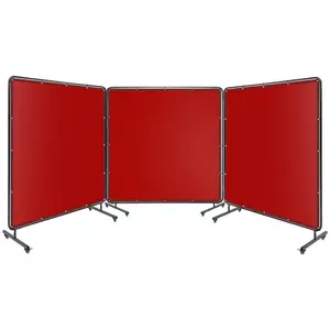 6' x 6' 3 Panel Welding Screen with Frame, Flame-Resistant Vinyl Welding Curtain On 12 Swivel Wheels (6 Lockable), Durable & Portable for Grinding, Workshop, Garage, Red