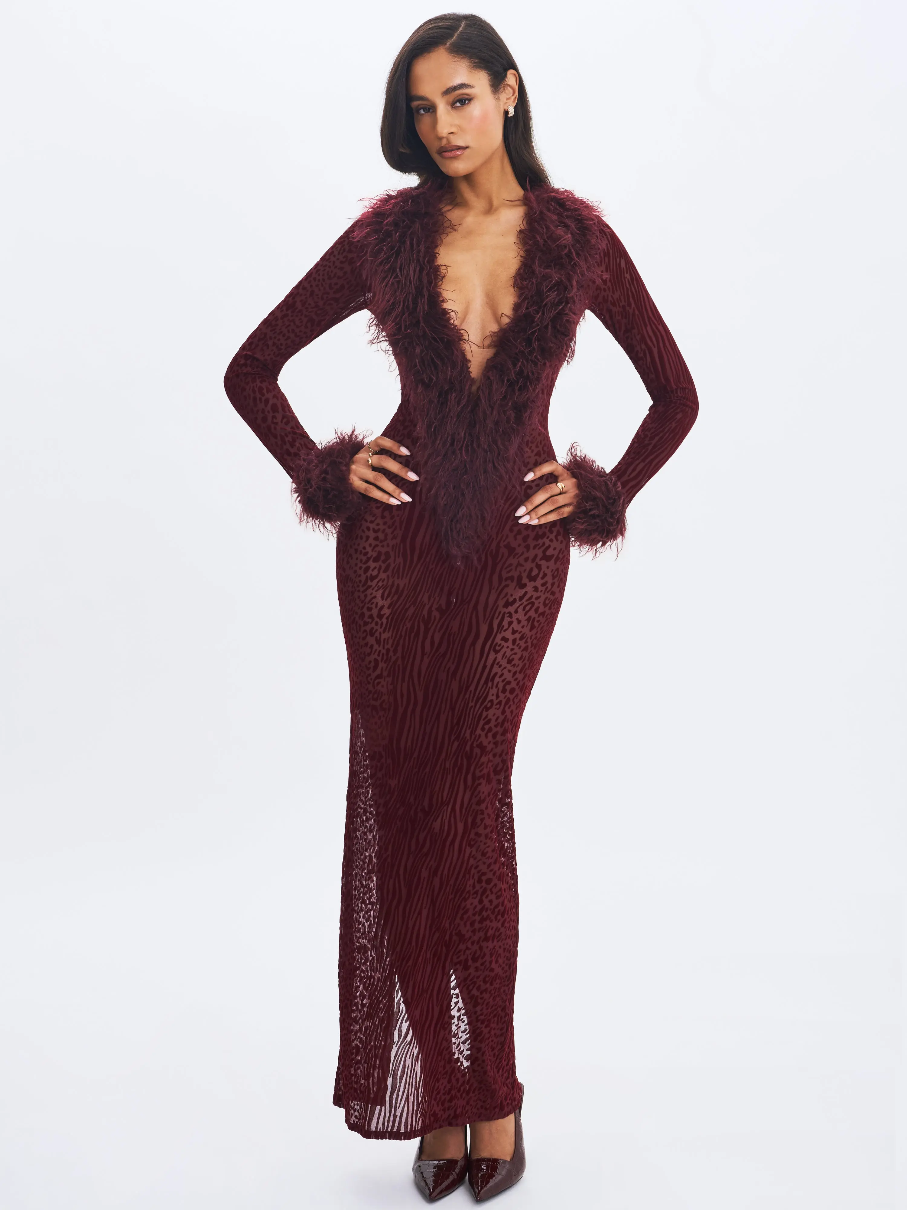 Luana Burgundy Plunging Fur Trimmed Burnout Mesh Maxi Dress