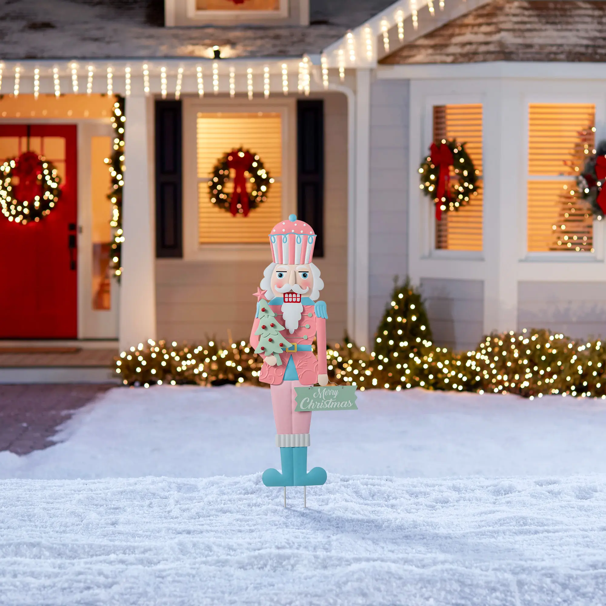 【Christmas in July】 Glitzhome 36"H Metal Christmas Pink Nutcracker Yard Stake(KD)