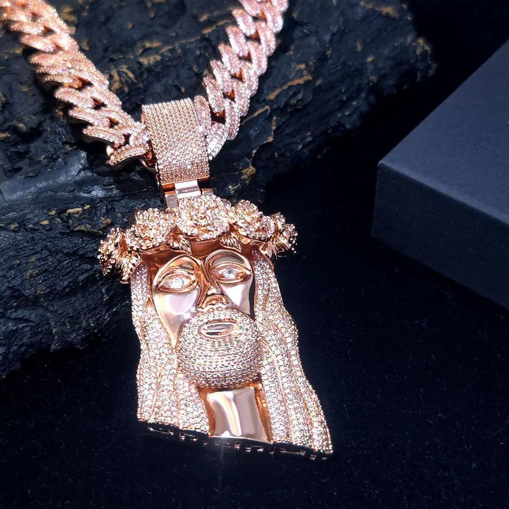 Hip Hop Fine Rose Gold Iced Cuban Chain with Jesus Pendant Jewelry Two Tone Jesus Religious Christian Pendant Necklace Gift