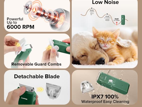 Pet Clippers for Dog Hair Grooming Low Noise, Rechargeable Cordless Cat Shaver with Ceramic Blade,Portable Pet Hair Trimmer for Matted & Long Hair