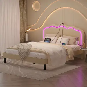 VECELO Adjustable Height Queen Full Twin Size Frame LED Light Charging Station Upholstered  Velvet Headboard Platform Multifunctionalbed Heavy-Duty Wood Slats adjustable headboard led light