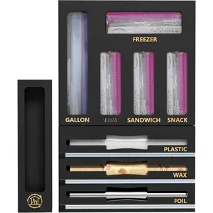 THE WELL KEPT 9 IN1 Bamboo Storage Bag Drawer Organizer with Cutter, Foil and Plastic Wrap Dispenser for Kitchen Storage Compatible with All Brands Gallon, Quart, Sandwich & Snack Size Bags - Black