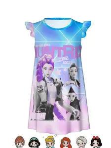 Huntrix Trendy Girls' Dress Rumi Character Print Geometric Gradient, Sweet Cool Style, Short Sleeve Loose Fit Knee Length