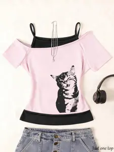 Y2K Colorblock Off-Shoulder T-Shirt, Pixel Cat Print, Fake Two-Piece Short Sleeve, Vintage Street Style, Spring Summer, Casual Daily Wear Chic