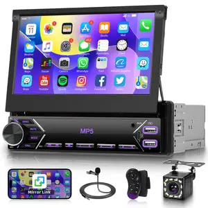 Single Din Flip Out Car Stereo Bluetooth 7 Inch Retractable Touch Screen Car Radio 1 Din Mirror Link/FM/EQ USB/Type-C/AUX SWC, Car Audio Receiver MP5 Multimedia Player with Backup Camera