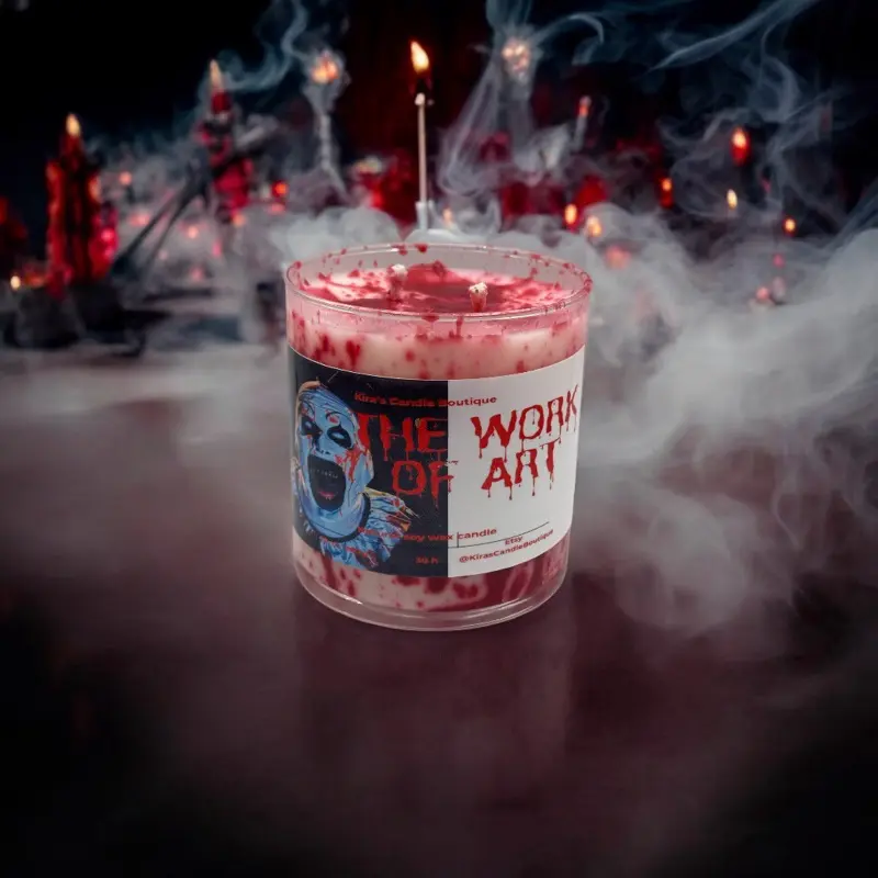 Art The Clown, Terrifier Soy Candle - 10oz Natural Soy Wax, 50 Hours Burn Time, Non-Toxic, Glass Candle for Home Decor, Scented - Cozy, Autumn Handmade