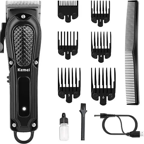 KEMEI Men's Professional Barber Equipment Hair Trimmer Kit - Cord & Cordless Rechargeable, Fast-Charging, Long Lasting, 0.5-2 mm Adjustable Settings, Metal Blades, USB Cable, Multiple Guards, Home Trim Tool, Trimming Brush Included
