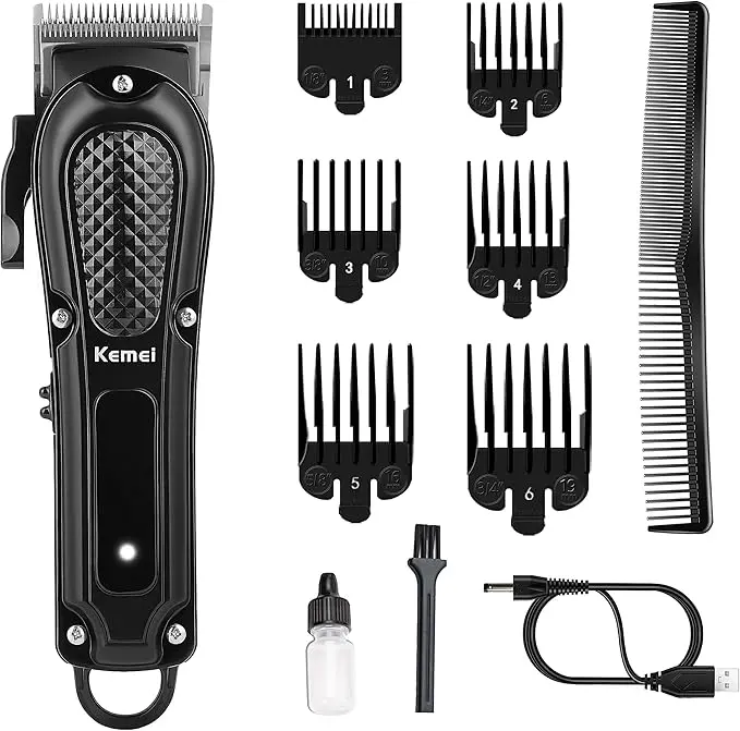KEMEI Men's Professional Barber Hair Clippers - Cordless & Corded, Rechargeable, Adjustable Comfort, Hair & Beard Trimming Brush Included