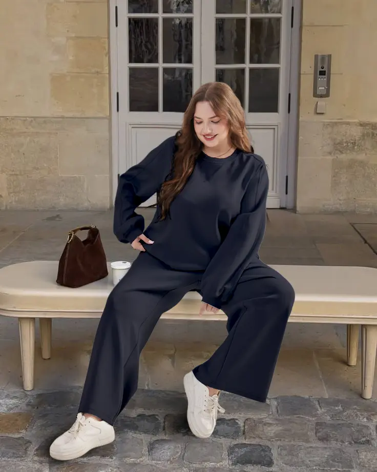 Womens 2 Piece Outfits Sweatsuit Plus Size Oversized Fall Long Sleeve Crewneck Lounge Sets Wide Leg Pants Tracksuit