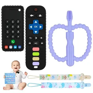 Baby Teething Toys Remote Control Shape Teether for Babies 3-12 Months BPA Free Silicone Sensory Teether with Removable Pacifierclip & Phone Shape
