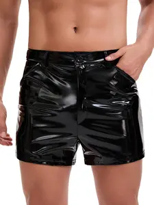 Men's Shiny PU Leather Short Pants Sexy Flat Front Zipper Open Crotch Belted Shorts Casual Pockets Buckled Boxer Clubwear